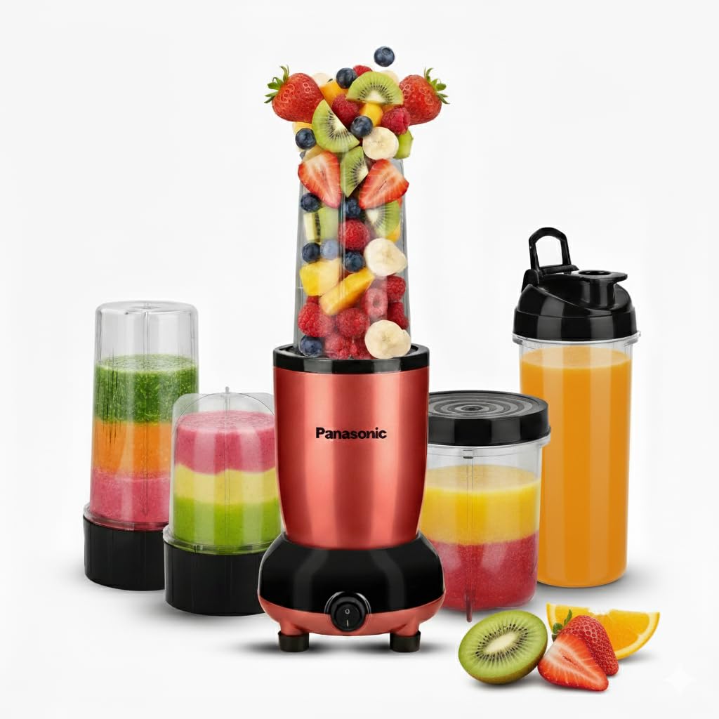 Panasonic blender with fruits and smoothies on a white background