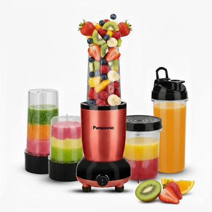 Panasonic blender with fruits and smoothies on a white background