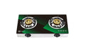 Two-burner gas stove with green and black design on a white background