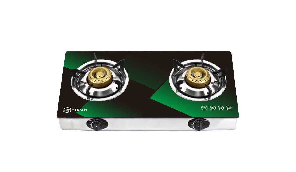 Two-burner gas stove with green and black design on a white background
