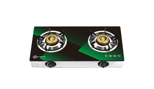 Two-burner gas stove with green and black design on a white background