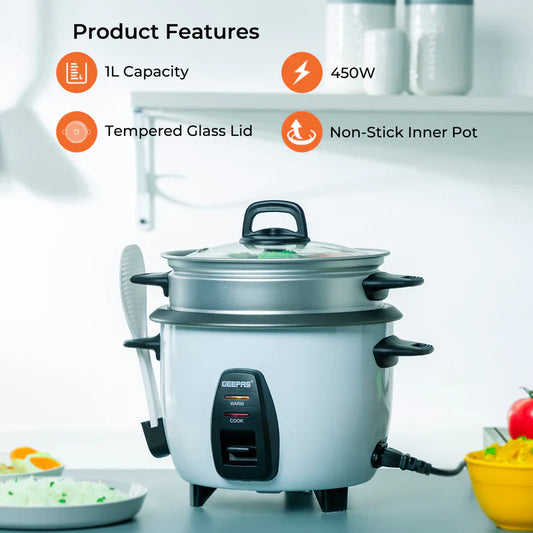Geepas 1L Electric Rice Cooker Cook, Warm and Steam - GRC4325