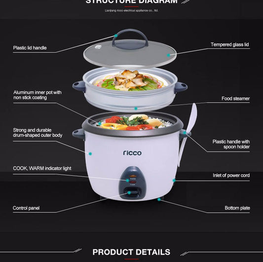 Ricco Rice Cooker 1.5L Glass Lid - RC150B