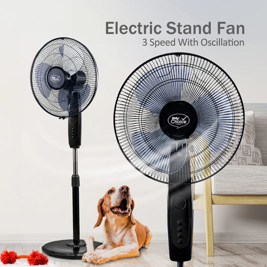 Electric stand fan with a dog sitting underneath in a room setting.