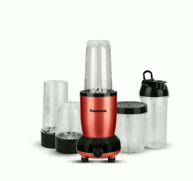 Red Panasonic blender with additional jars on a white background