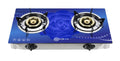 Blue gas stove with two burners on a white background