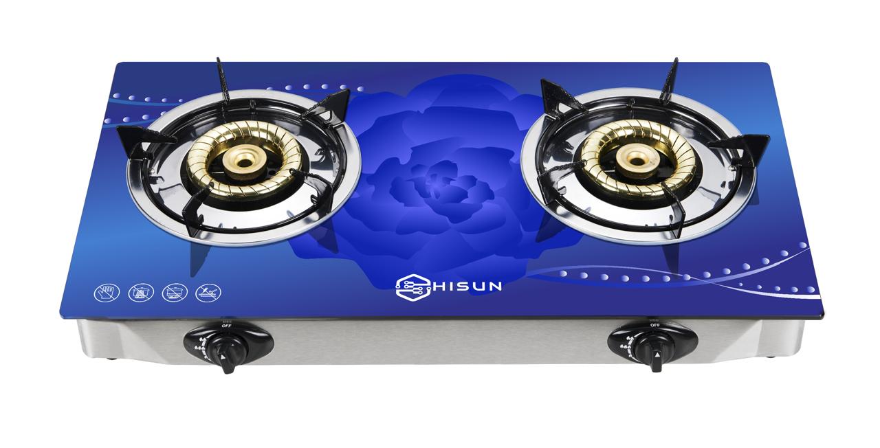 Blue gas stove with two burners on a white background